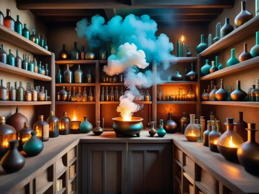 Laboratorio alquímico ancestral: misterios y pociones Un laboratorio alquímico antiguo lleno de misteriosas pociones y símbolos, evocando lecciones alquimia para ciencia moderna