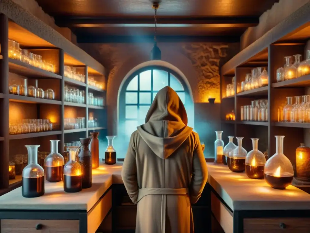 Alquimia ancestral: laboratorio misterioso y sabiduría eterna Un laboratorio alquímico antiguo lleno de misterios y sabiduría, iluminado por una luz cálida