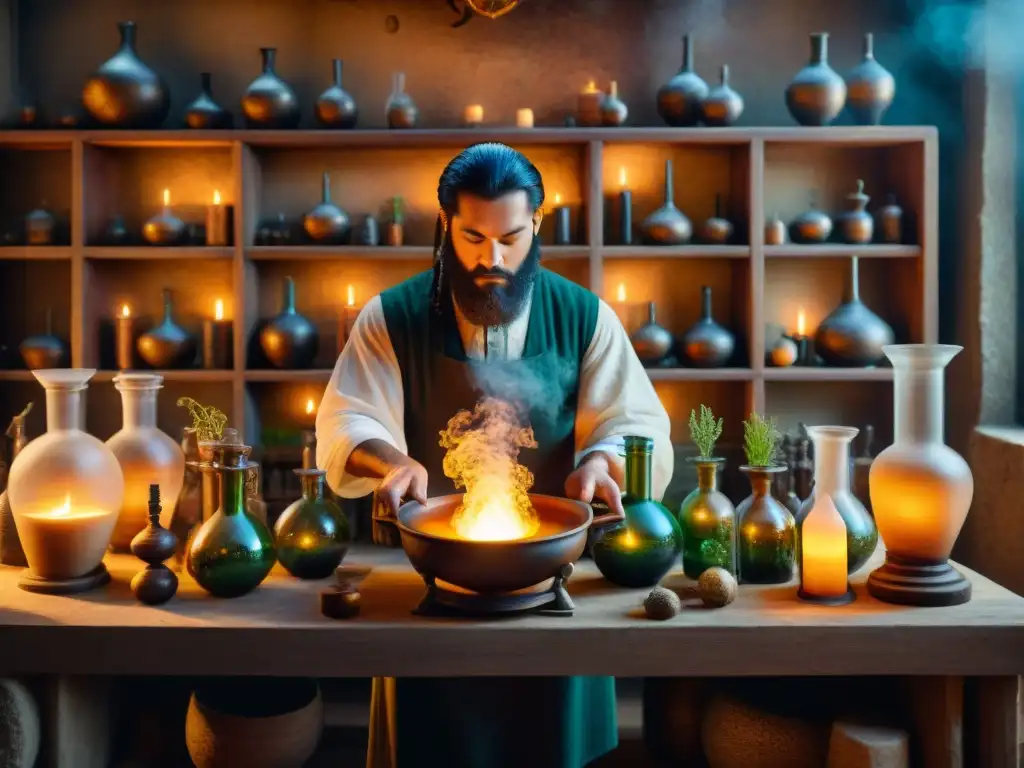 Laboratorio alquímico antiguo: Intrincada sabiduría mística Un laboratorio alquímico antiguo lleno de misteriosas mezclas, velas titilantes y símbolos en las paredes de piedra