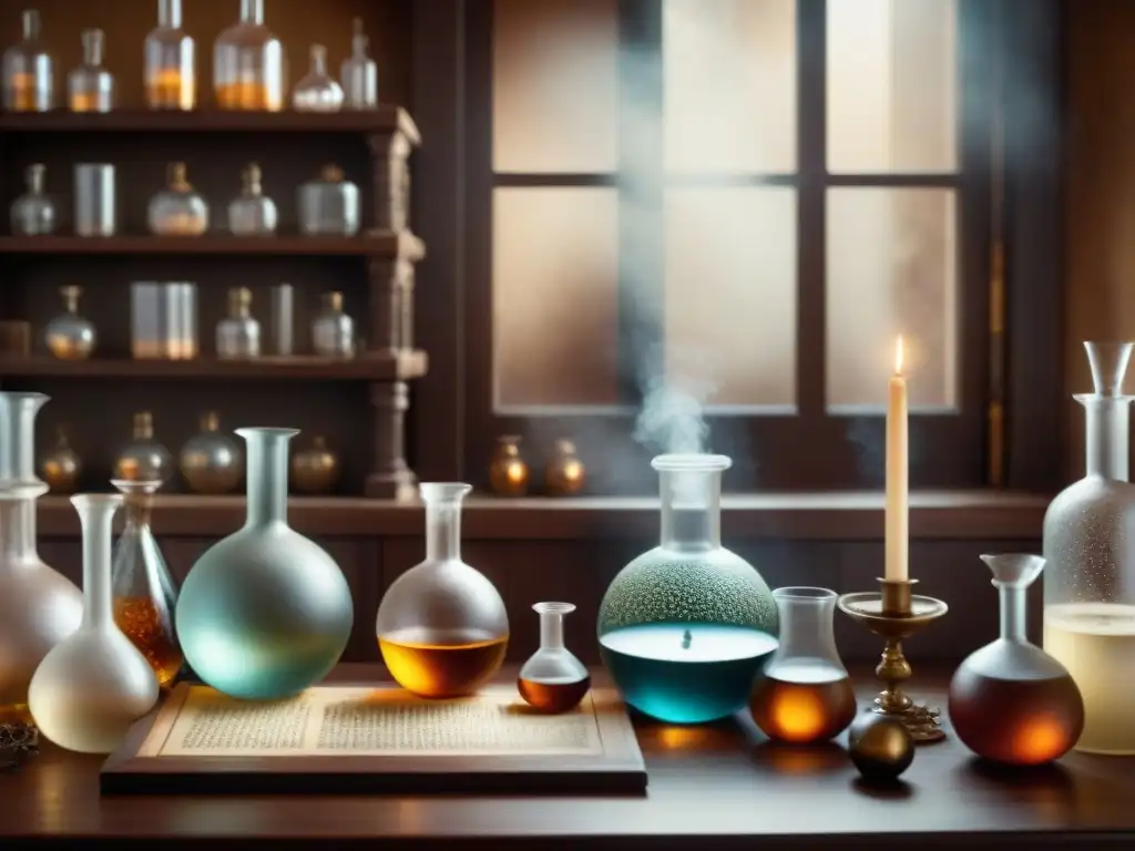 Un laboratorio alquímico antiguo lleno de instrumental detallado y símbolos místicos, en tonos sepia cálido