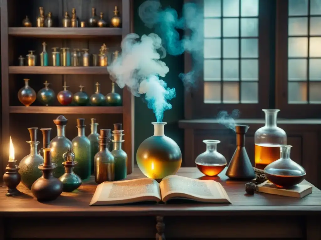 Un laboratorio alquímico antiguo y misterioso iluminado por una lámpara de aceite, con cristalería detallada y libros antiguos dispersos