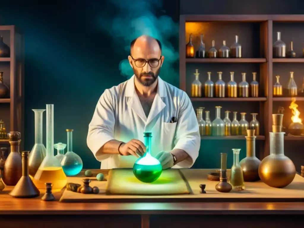 Alquimia médica: el arte ancestral de sanar Un laboratorio alquímico antiguo con prácticas médicas