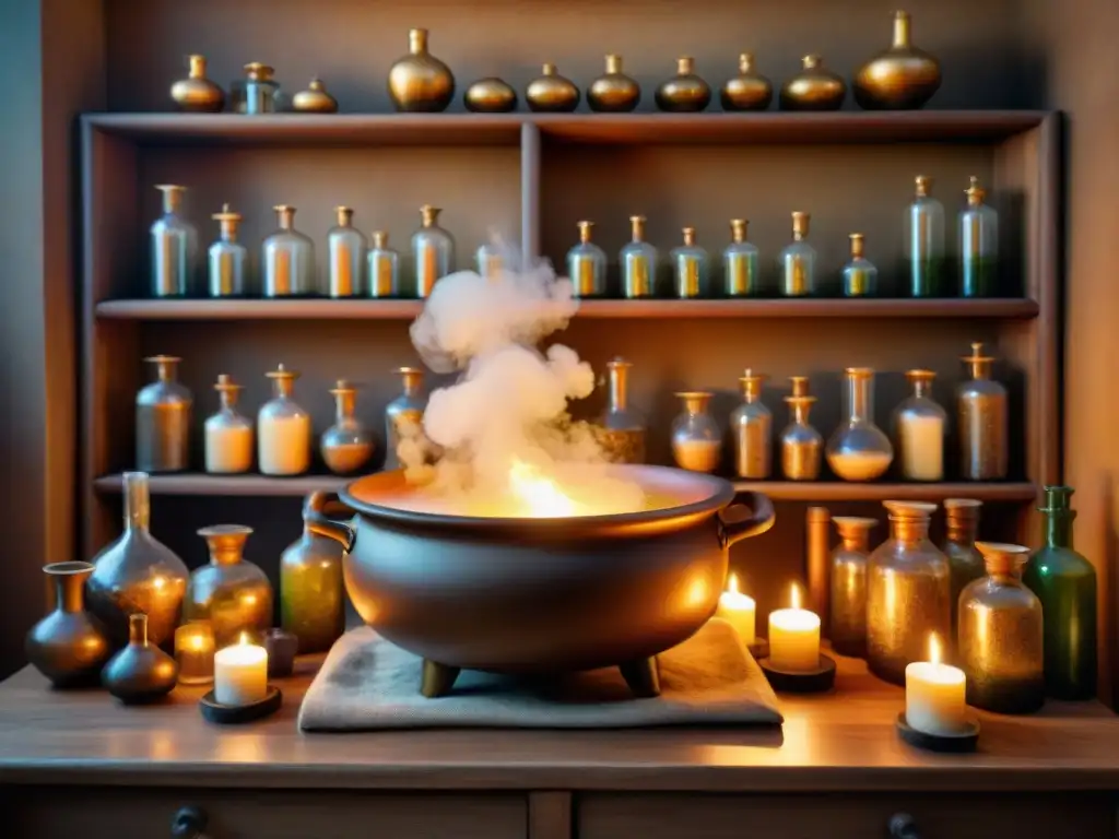 El laboratorio del alquimista: misterio y sabiduría en sepia Un laboratorio alquímico antiguo, repleto de vidriería detallada y pociones burbujeantes en tonos sepia
