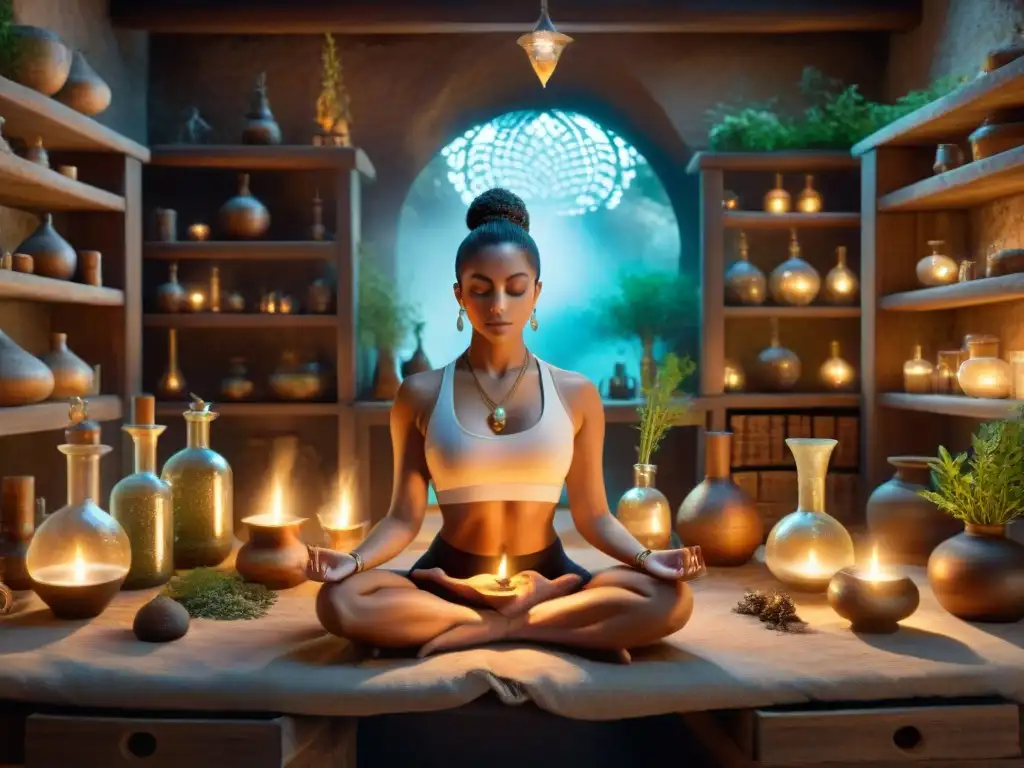 Un laboratorio alquímico antiguo y sereno con un elixir burbujeante, hierbas raras y símbolos alquímicos, invita a explorar secretos de rejuvenación con yoga y meditación