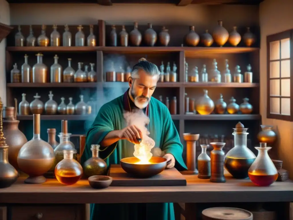 Alquimia ancestral: laboratorio misterioso del alquimista Un laboratorio alquímico antiguo con vidriería detallada y figuras misteriosas, evocando la historia de la alquimia antigua