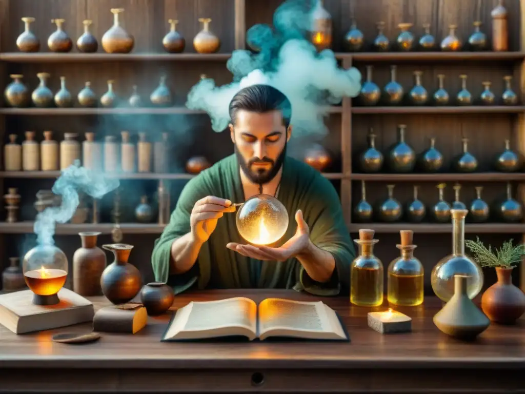 Alquimia ancestral: laboratorio místico con figuras y pociones Un laboratorio alquímico antiguo con vidriería detallada, símbolos místicos y una figura enigmática
