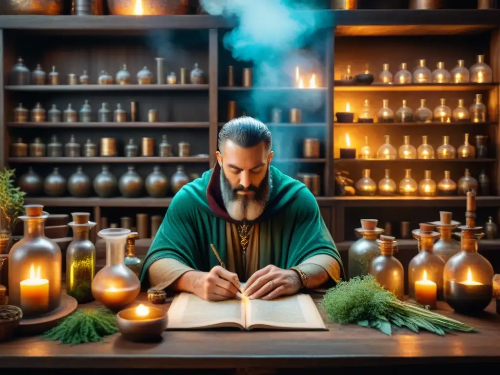 Un laboratorio alquímico antiguo, con vidrio delicado, libros esotéricos y luz de velas