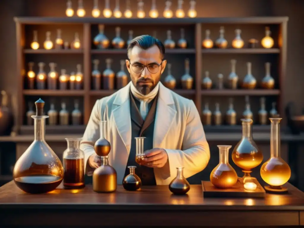 Un laboratorio alquímico antiguo con vidrio detallado, filtración alquímica en la ciencia, velas y líquidos misteriosos