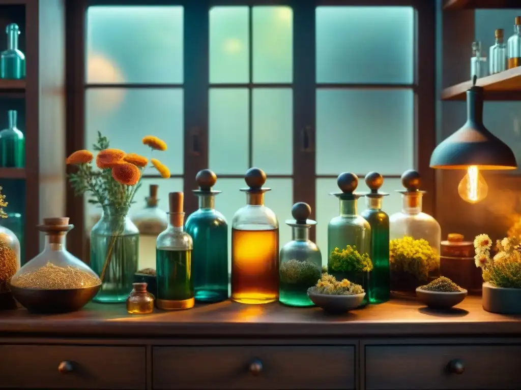 Alquimia botánica: laboratorio místico en sepia con hierbas y destilación Laboratorio alquímico botánico en sepia, con frascos antiguos, destiladores de cobre y hierbas secas, creando una atmósfera nostálgica y mística