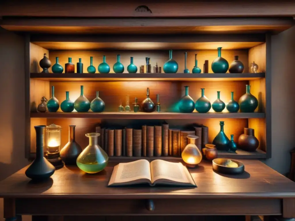 Montando laboratorio alquímico en casa: Antigua habitación iluminada con estanterías de madera, pociones burbujeantes y libros mágicos