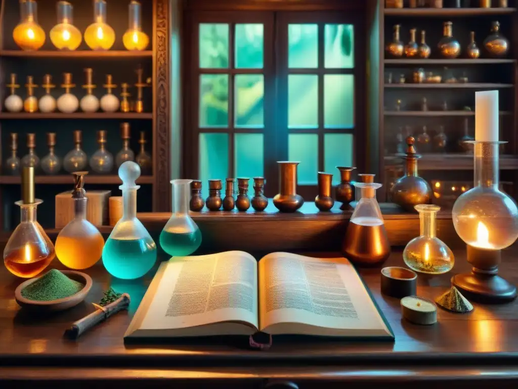 Montando laboratorio alquímico en casa: escena sepia de un laboratorio antiguo con velas, libros y objetos misteriosos