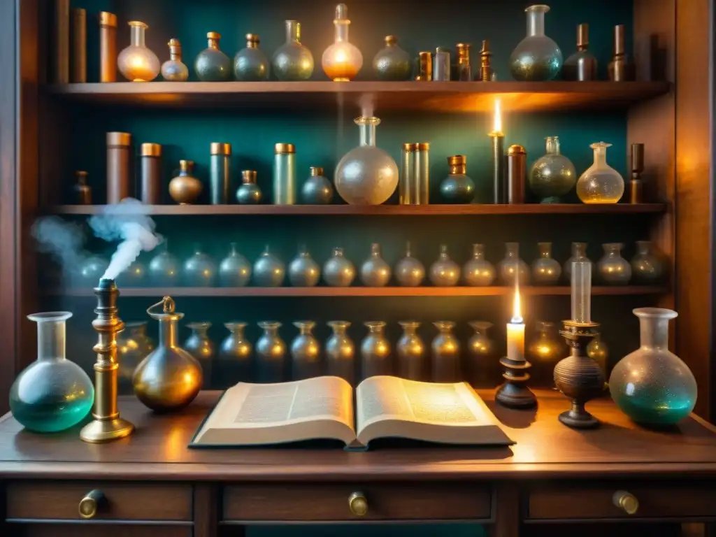 Un laboratorio alquímico en casa, con libros antiguos, velas y una misteriosa bruma