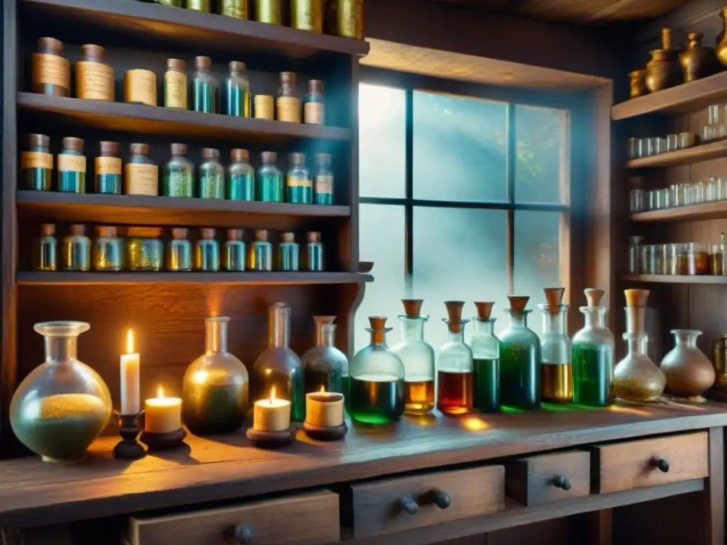 Un laboratorio alquímico en casa montado con magia: velas, libros dorados, hierbas colgantes y pociones burbujeantes