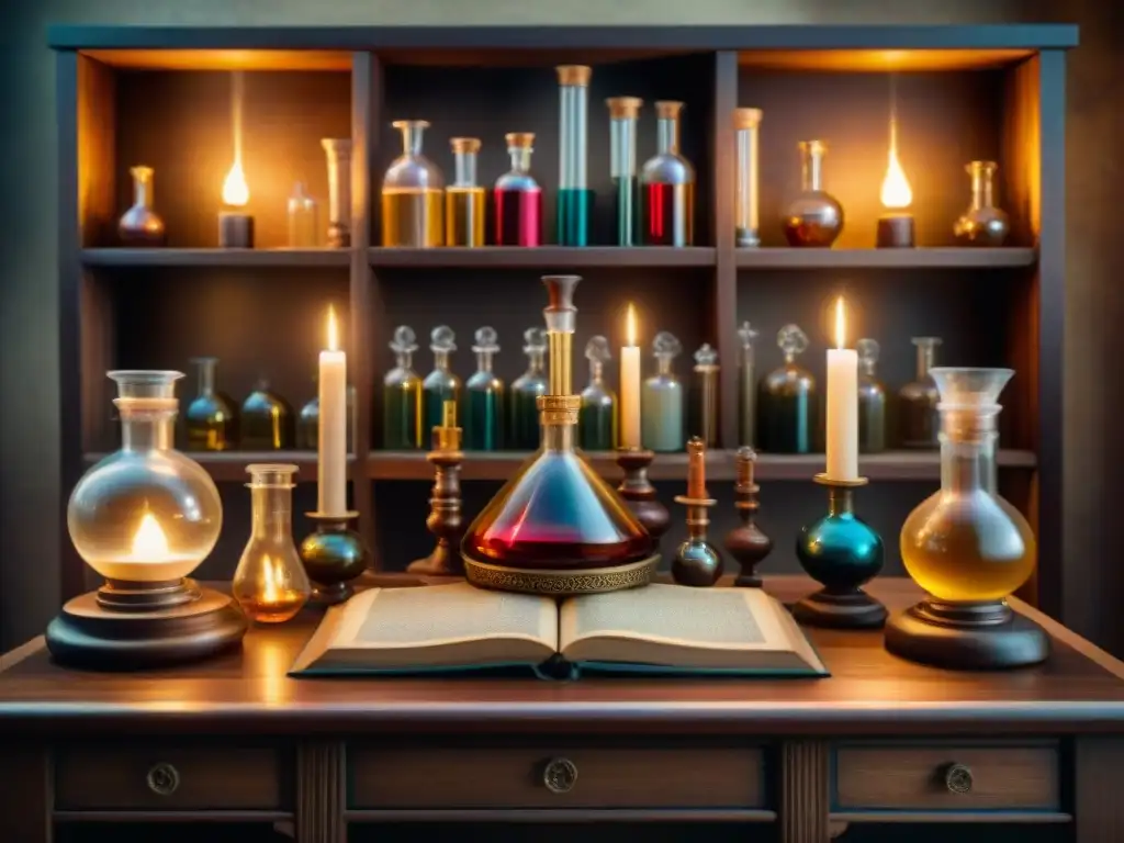 Un laboratorio alquímico con destilador, frascos de colores y antiguos manuscritos, iluminado por velas