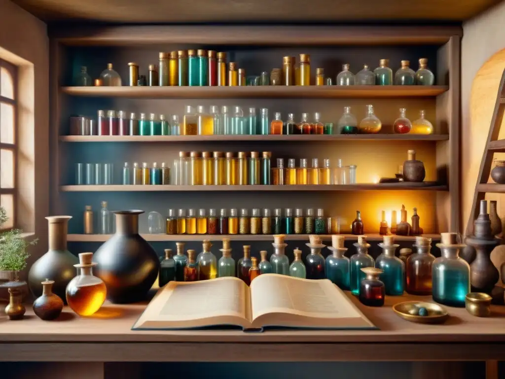 Alquimia ancestral: laboratorio con misterios y sabiduría En un laboratorio alquímico detallado, el alquimista trabaja rodeado de herramientas antiguas y pociones burbujeantes bajo una luz dorada cálida