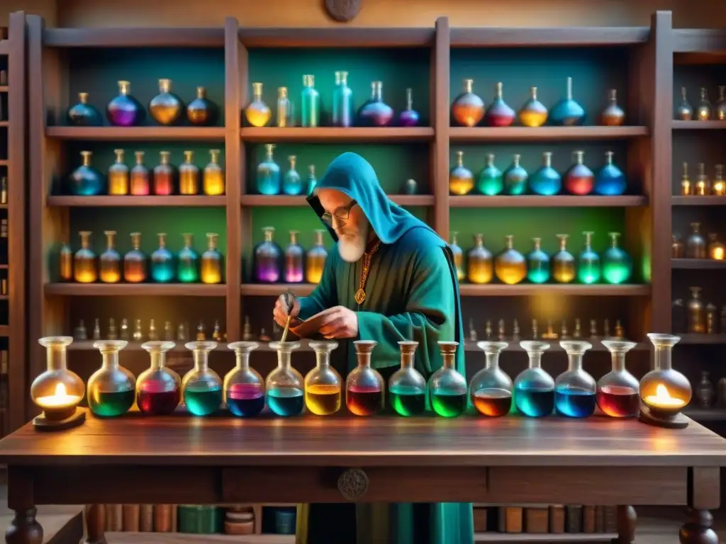 Un laboratorio alquímico detallado en sepia, con frascos llenos de líquidos coloridos, manuscritos antiguos y una atmósfera mística iluminada por velas