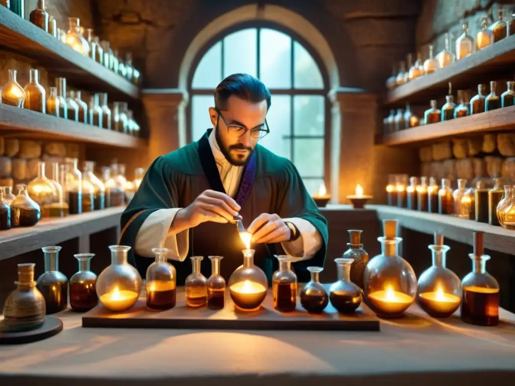 Un laboratorio alquímico detallado en sepia, con cristalería, libros antiguos y un alquimista vertiendo líquido misterioso