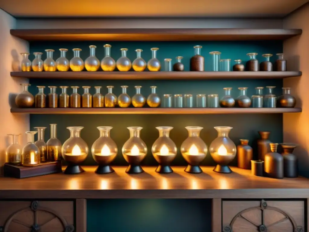 Alquimia misteriosa en laboratorio detallado Un laboratorio alquímico detallado, con matraces burbujeantes, estantes llenos de textos antiguos y símbolos misteriosos iluminados por la cálida luz de las velas