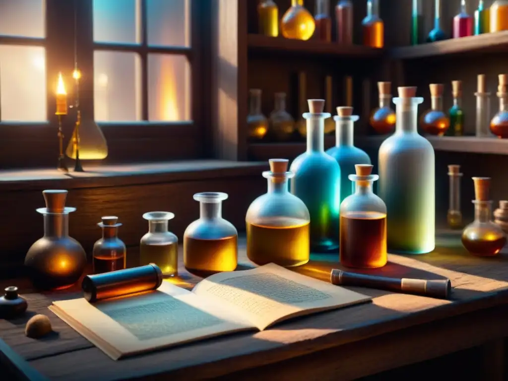 Un laboratorio alquímico detallado y misterioso con vials, libros antiguos y símbolos místicos, bañado en luz dorada