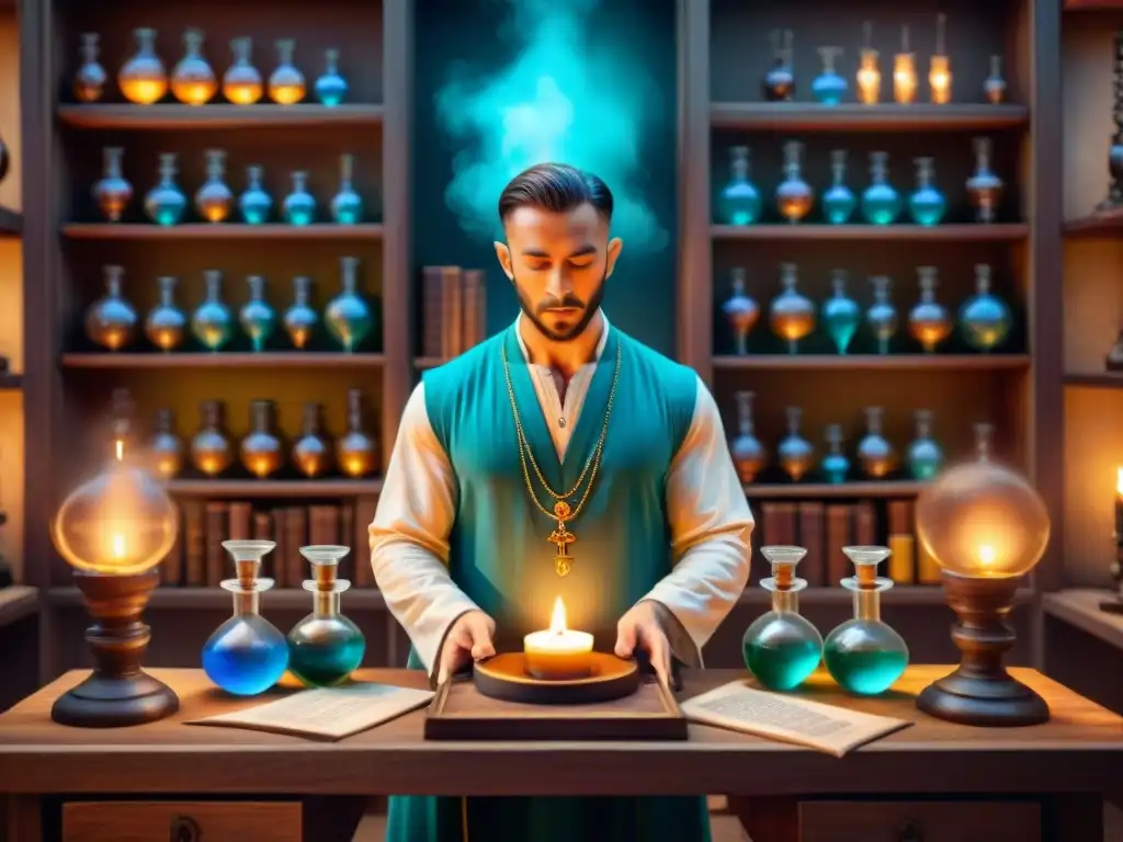 Un laboratorio alquímico detallado con vials de líquidos coloridos, libros antiguos y una rueda zodiacal, emana misterio y transformación espiritual