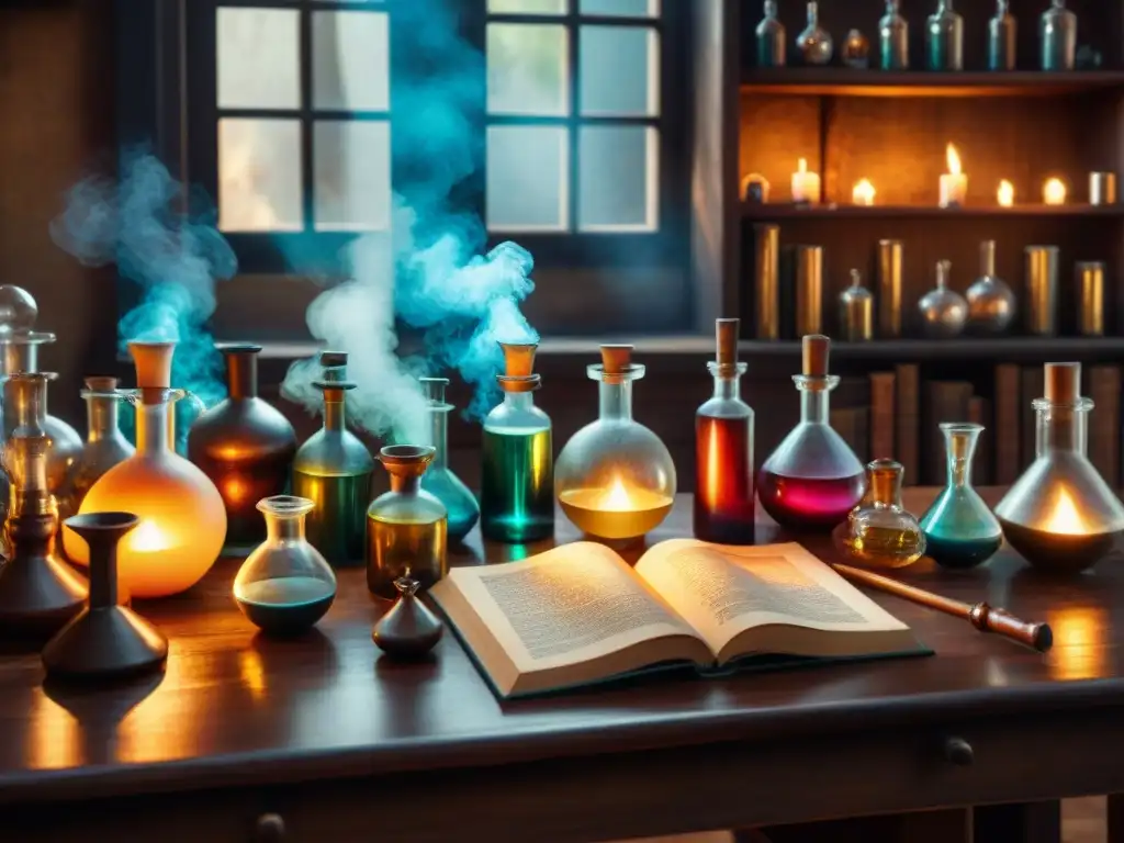 Un laboratorio alquímico detallado con vidriería, líquidos coloridos burbujeantes sobre llamas, figuras misteriosas y libros antiguos