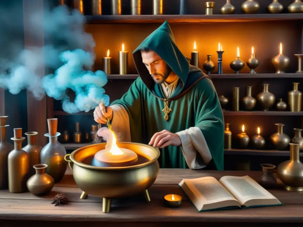 Un laboratorio alquímico con experimentos misteriosos y elixir de juventud en un escenario medieval iluminado por velas