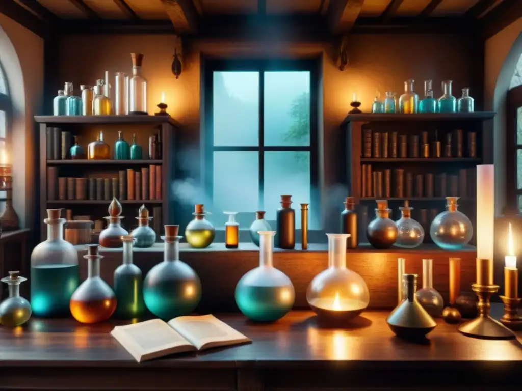 Un laboratorio alquímico fascinante en casa, con vials, libros antiguos y símbolos místicos en una habitación tenue