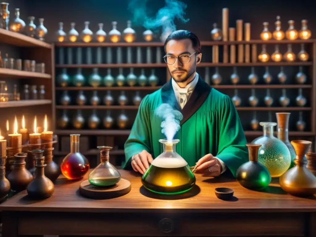 Un laboratorio alquímico fascinante con experimentos burbujeantes, libros antiguos y una figura misteriosa bajo la luz de velas titilantes