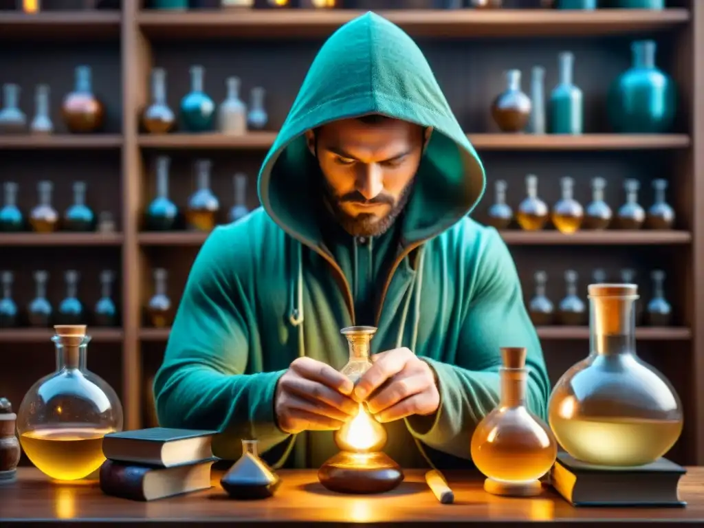 Ilustración sepia de un laboratorio alquímico con figuras encapuchadas, libros polvorientos y cristales brillantes