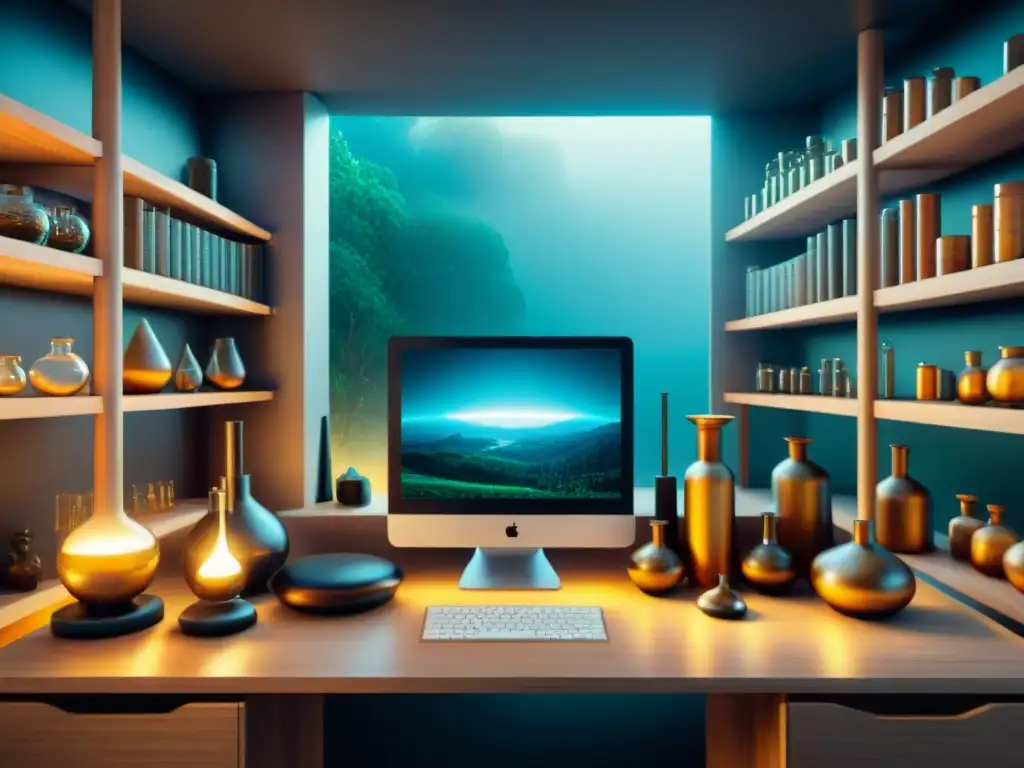 Laboratorio alquímico futurista: fusión de tradición y tecnología Un laboratorio alquímico futurista con herramientas antiguas y equipo informático moderno integrado