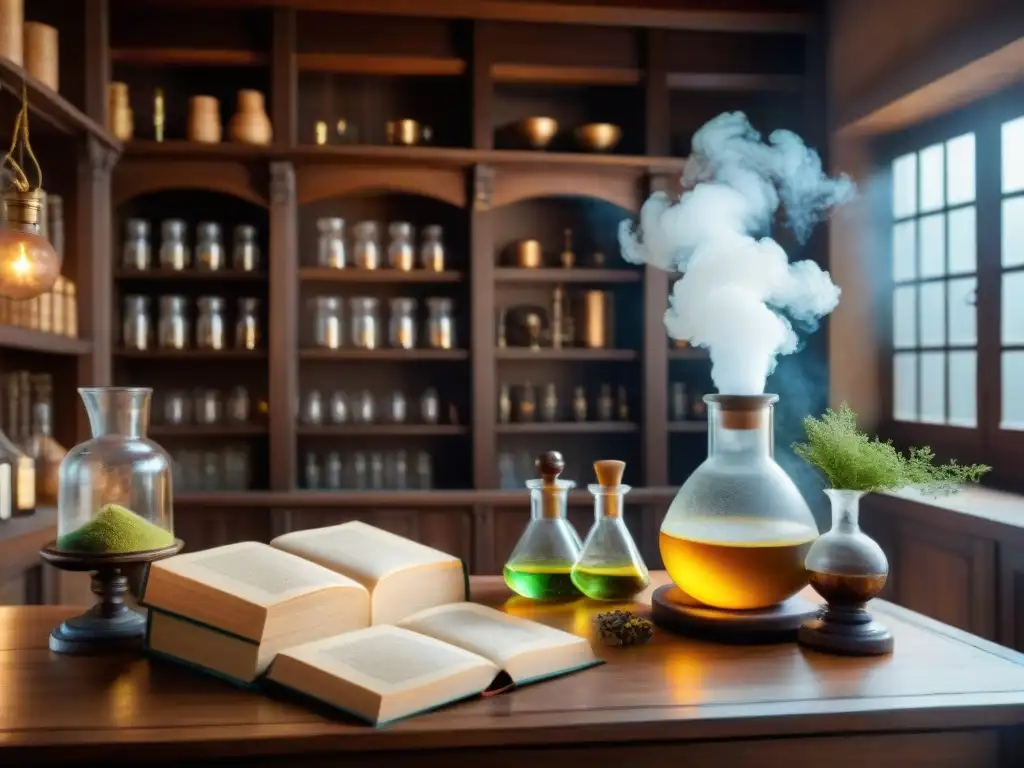 Laboratorio alquímico con libros antiguos, ingredientes místicos y luz sepia, para 'Elixires alquímicos para rejuvenecer'