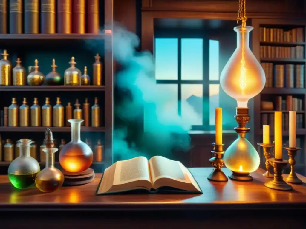 El laboratorio alquímico muestra libros antiguos, pociones burbujeantes y una sustancia misteriosa en un frasco