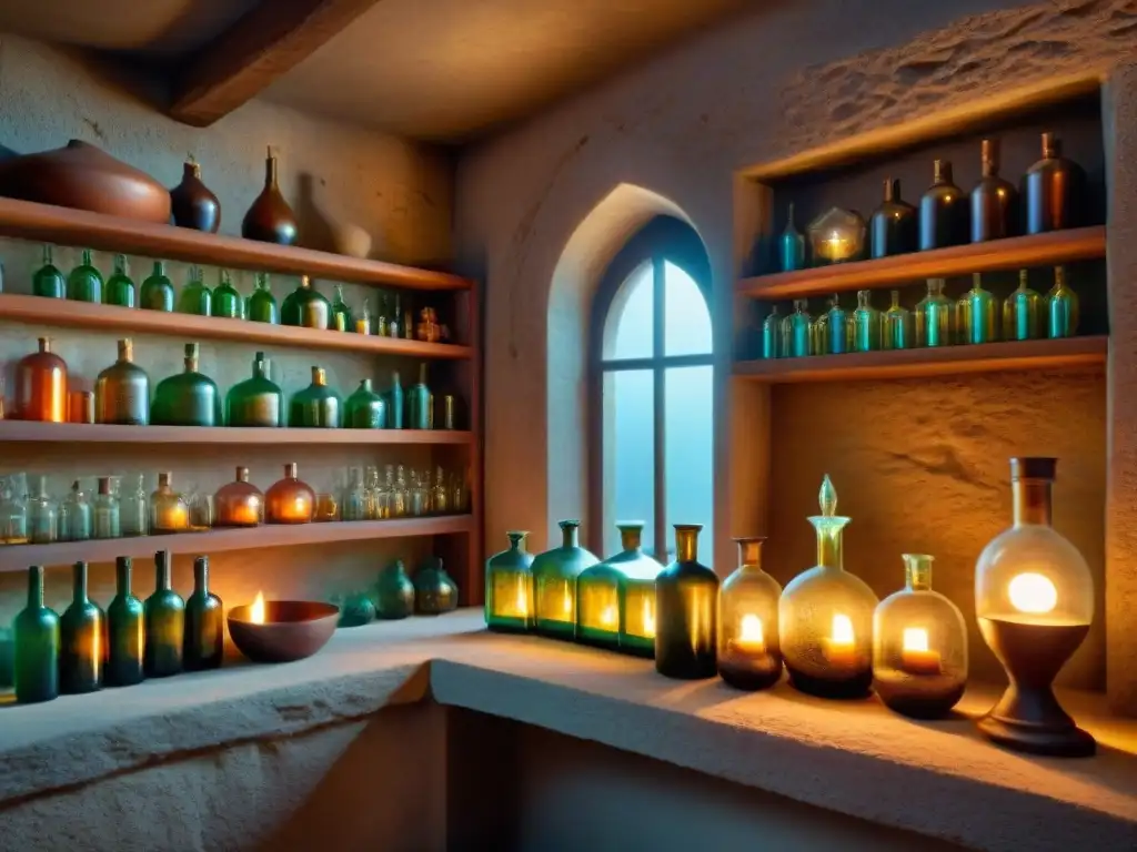 Un laboratorio alquímico lleno de botellas antiguas, pociones burbujeantes y símbolos místicos, iluminado por la cálida luz de velas titilantes