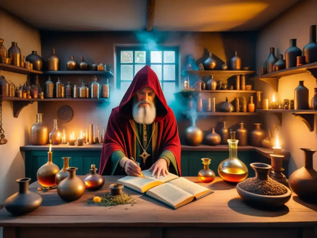 Un laboratorio alquímico lleno de misterio y sabiduría antigua