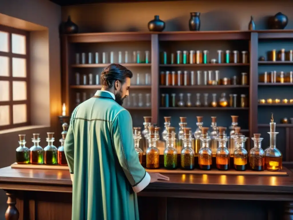 Un laboratorio alquímico lleno de misterio y sabiduría, donde se lleva a cabo la transformación financiera mediante principios alquímicos
