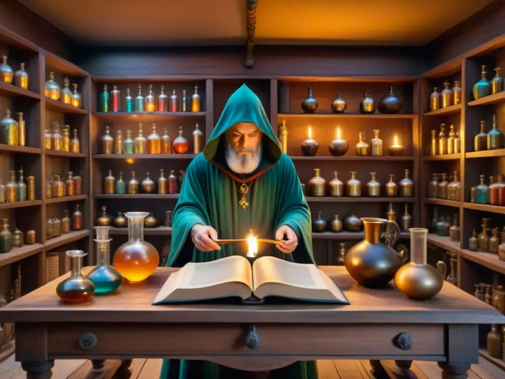 Un laboratorio alquímico lleno de misterio, con libros antiguos, frascos burbujeantes y símbolos místicos, iluminado por velas