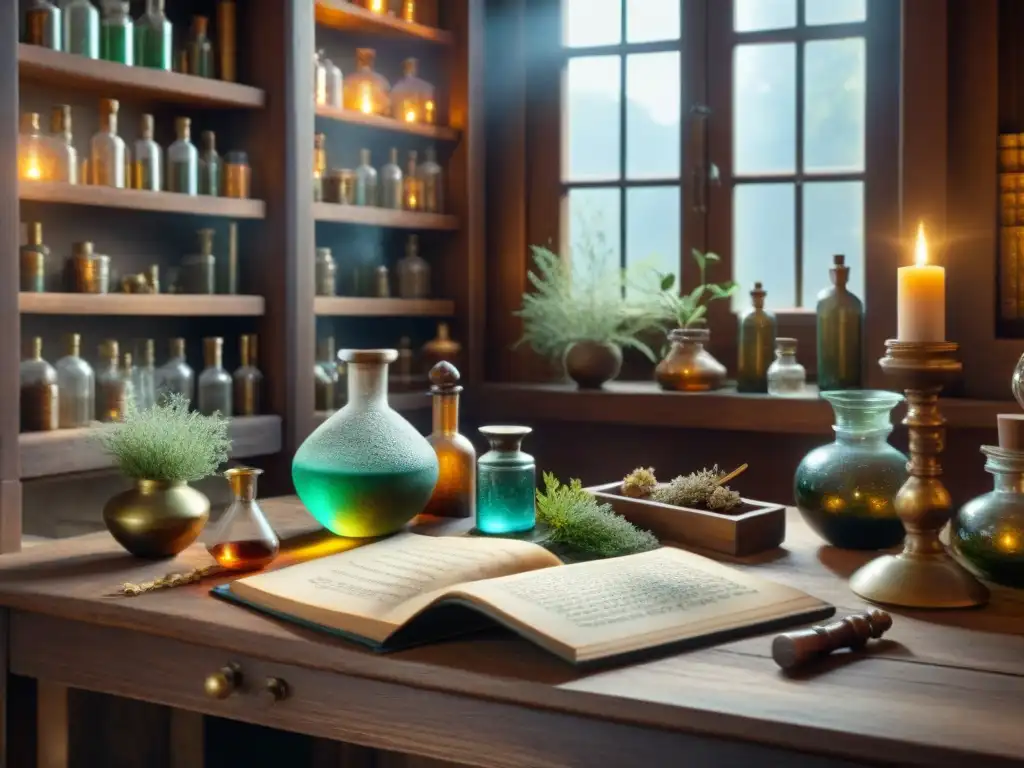 Un laboratorio alquímico lleno de misteriosos ingredientes y libros antiguos, listo para terapias alquímicas rejuvenecer cuerpo mente