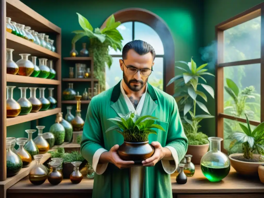 Un laboratorio alquímico lleno de plantas exóticas, alquimia y simbolismo, donde un sabio alquimista cuida una planta verde vibrante