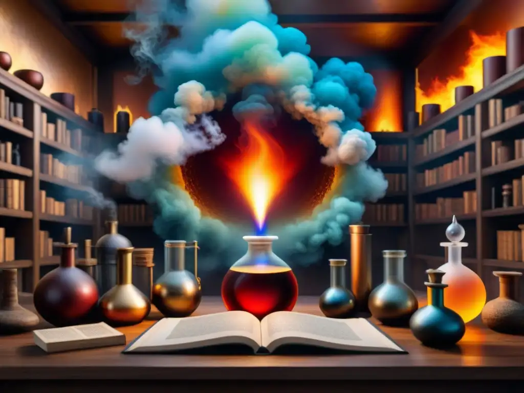 Un laboratorio alquímico majestuoso con símbolo de Marte en llamas, elementos de hierro y aura de sabiduría