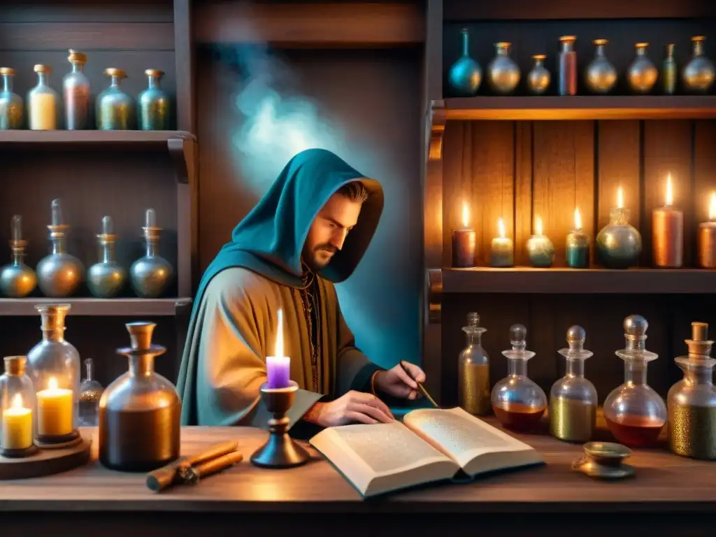 Un laboratorio alquímico medieval detallado, con frascos burbujeantes y libros antiguos