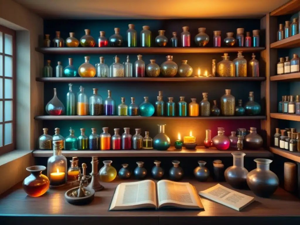 Un laboratorio alquímico medieval detallado con frascos coloridos, velas y un alquimista rodeado de libros antiguos y diagramas