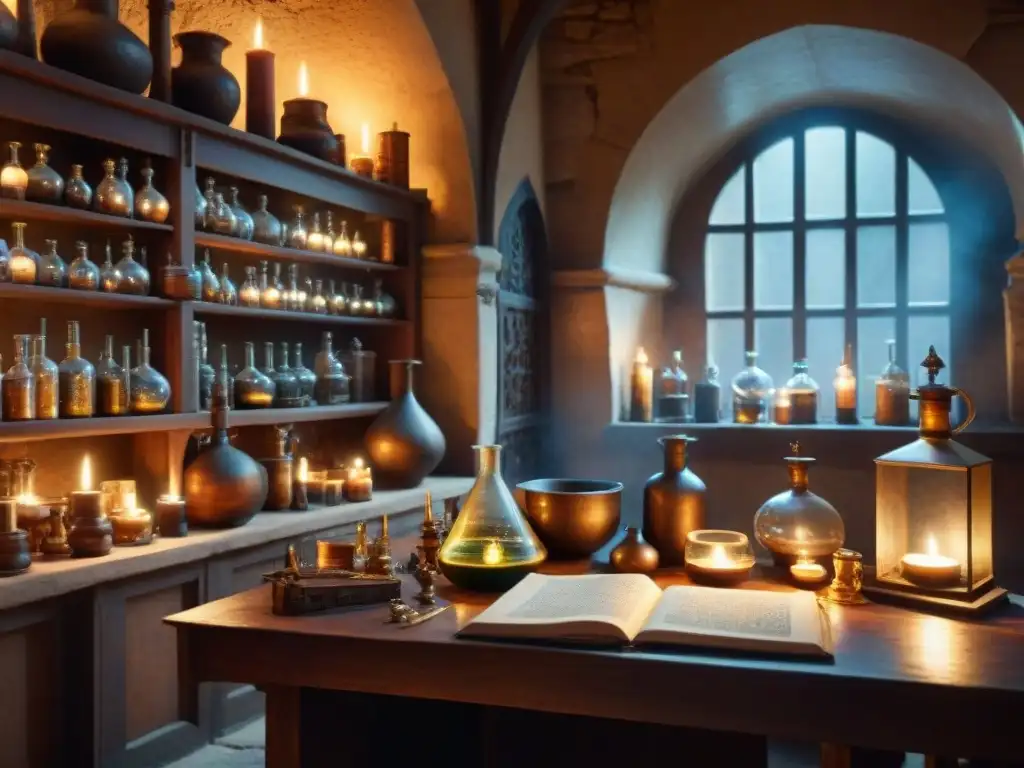 Un laboratorio alquímico medieval detallado en sepia, lleno de instrumentos y símbolos antiguos, iluminado por velas