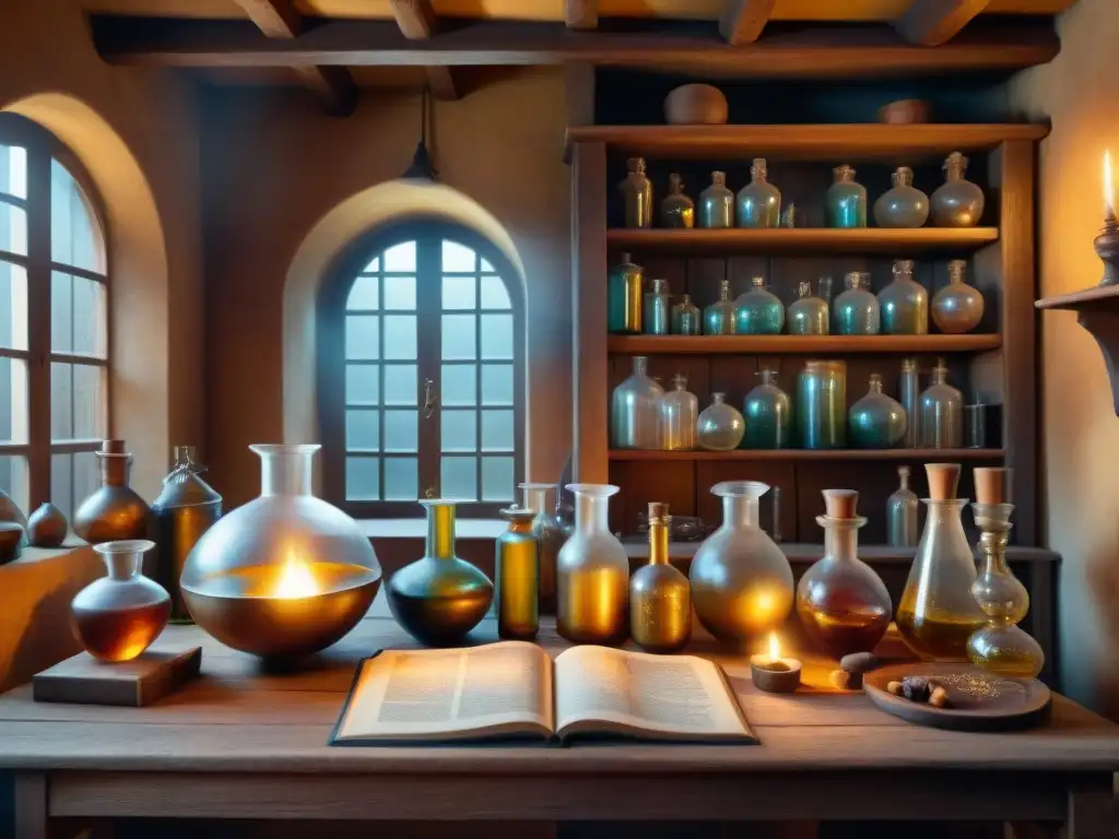 Alquimia ancestral: laboratorio místico en sepia Un laboratorio alquímico medieval detallado en sepia, con cristalería, pociones burbujeantes y símbolos místicos