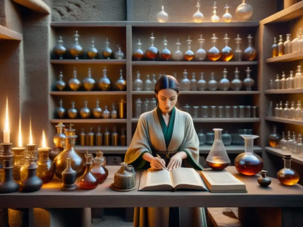 Un laboratorio alquímico medieval detallado con mujeres destacadas en la historia de la alquimia, rodeadas de misteriosos instrumentos y símbolos