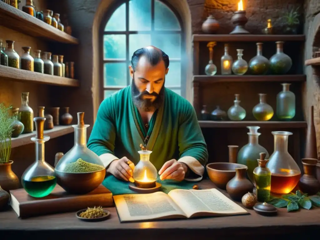 Un laboratorio alquímico medieval detallado con un legado botánico, evocando la fusión de alquimia y medicina