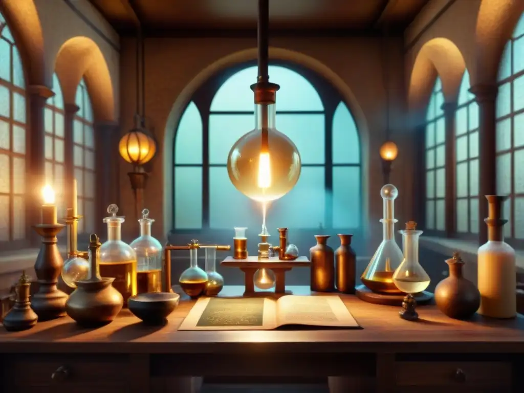 Laberinto alquímico: misterio medieval en sepia Un laboratorio alquímico medieval detallado, iluminado por velas, con frascos burbujeantes y símbolos místicos en las paredes
