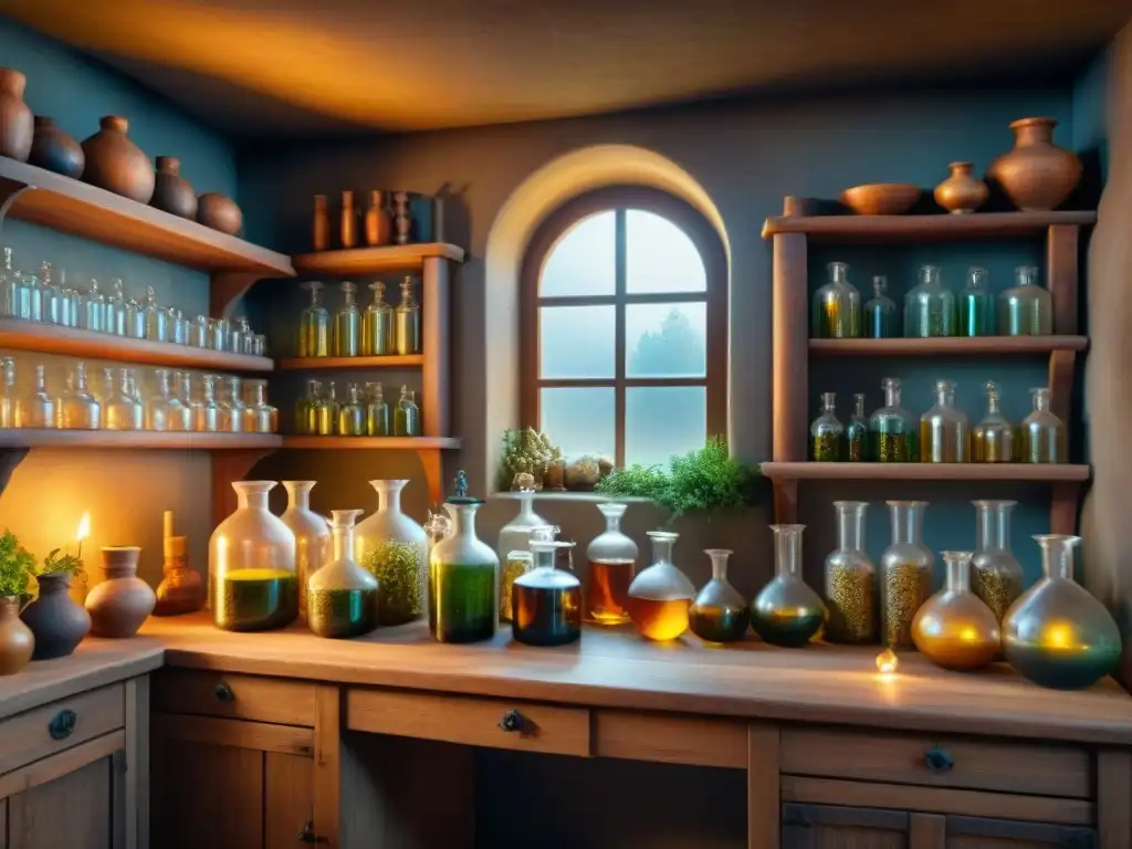 Un laboratorio alquímico medieval detallado con ingredientes botánicos, pociones burbujeantes y símbolos místicos