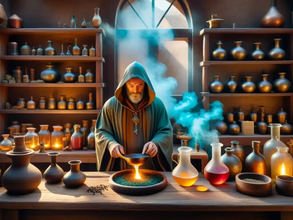 Un laboratorio alquímico medieval con experimentos con metales, misteriosos ingredientes y símbolos antiguos