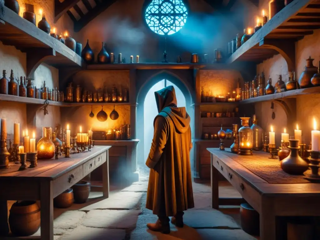 Un laboratorio alquímico medieval iluminado por velas, con pociones burbujeantes y un misterioso personaje rodeado de energía sobrenatural