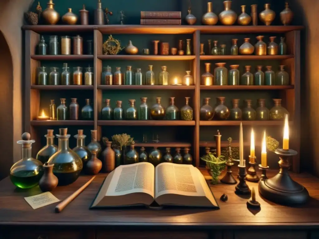 Un laboratorio alquímico medieval lleno de detalles, con plantas, frascos y libros antiguos en estantes de madera